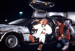 Scene from the film "Back to the future" featuring the DeLorean car, Michael J. Fox and Christopher Lloyd